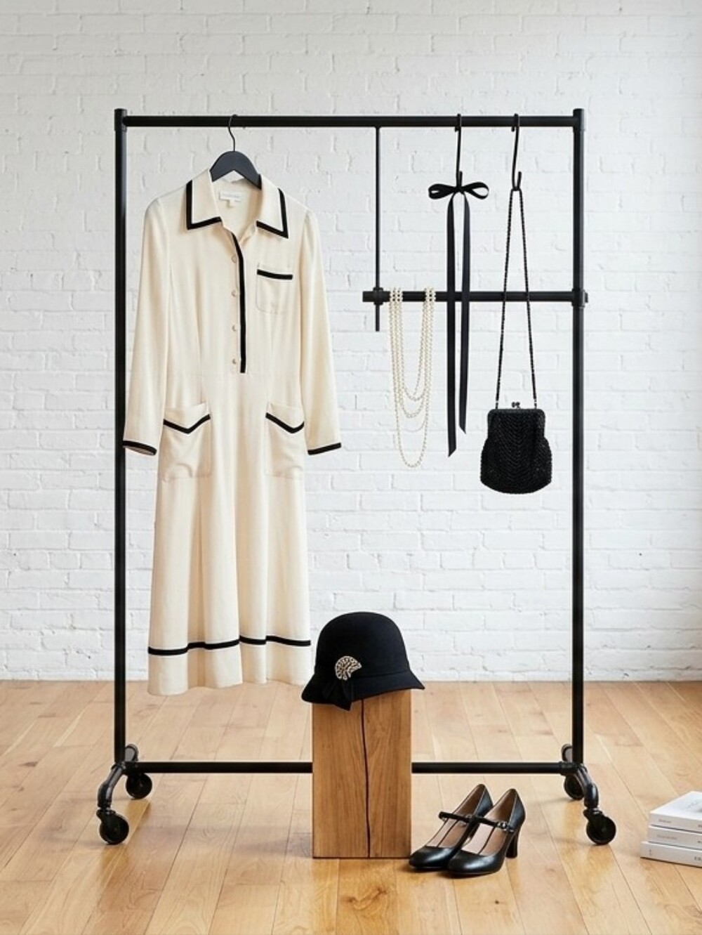 Vintage-Inspired Cream Midi Dress with Black Trim